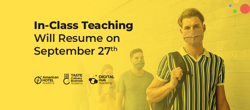 people wearing masks, but returning safely to in-class teaching